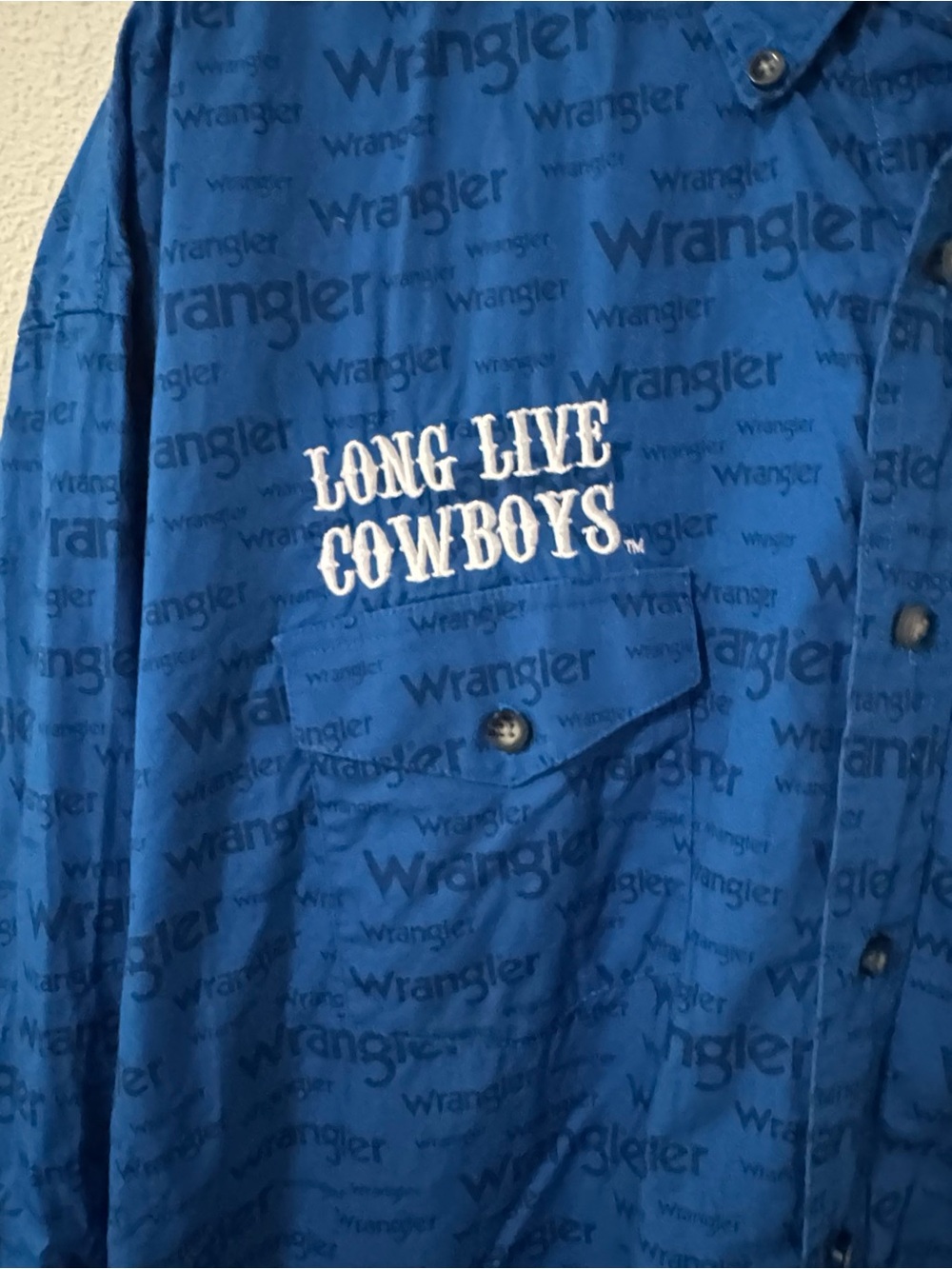 Wrangler Long Live Cowboys Embroidered Long Sleeve Button Down Shirt Blue-XLT - Picture 4 of 10